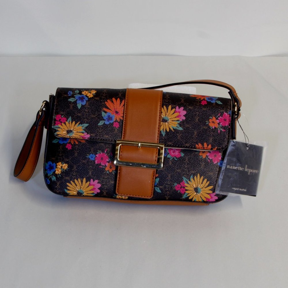 Nanette Lepore Fiona Logo Flap Chocolate Floral Baguette